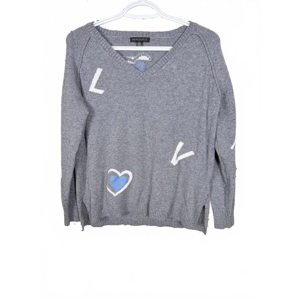 Parkhurst V-Neck Sweater with Blue and White Heart and Letter Accents sz med